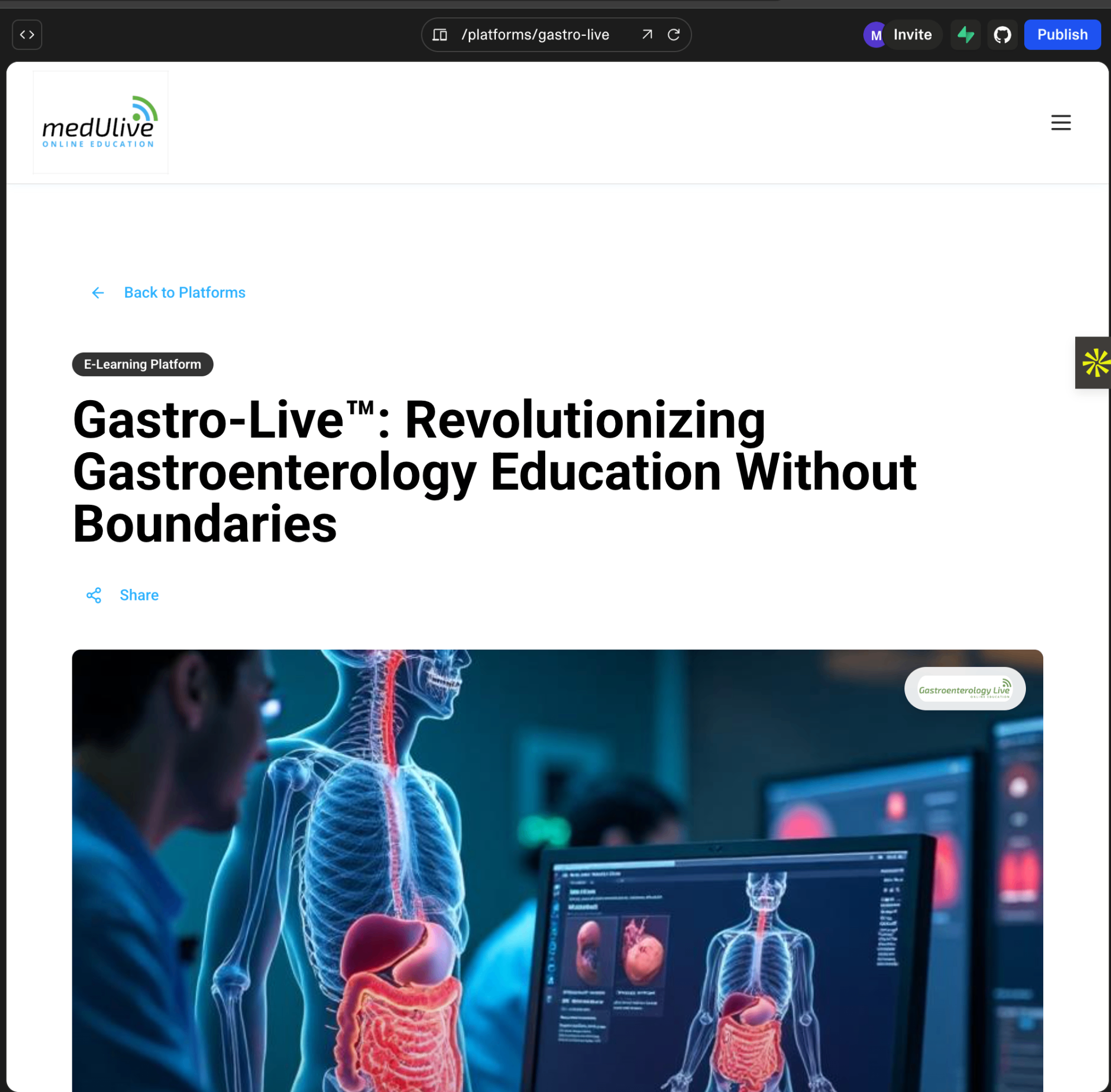 Gastro-Live platform showcasing gastroenterology e-learning with live webinars, case studies, and interactive educational content