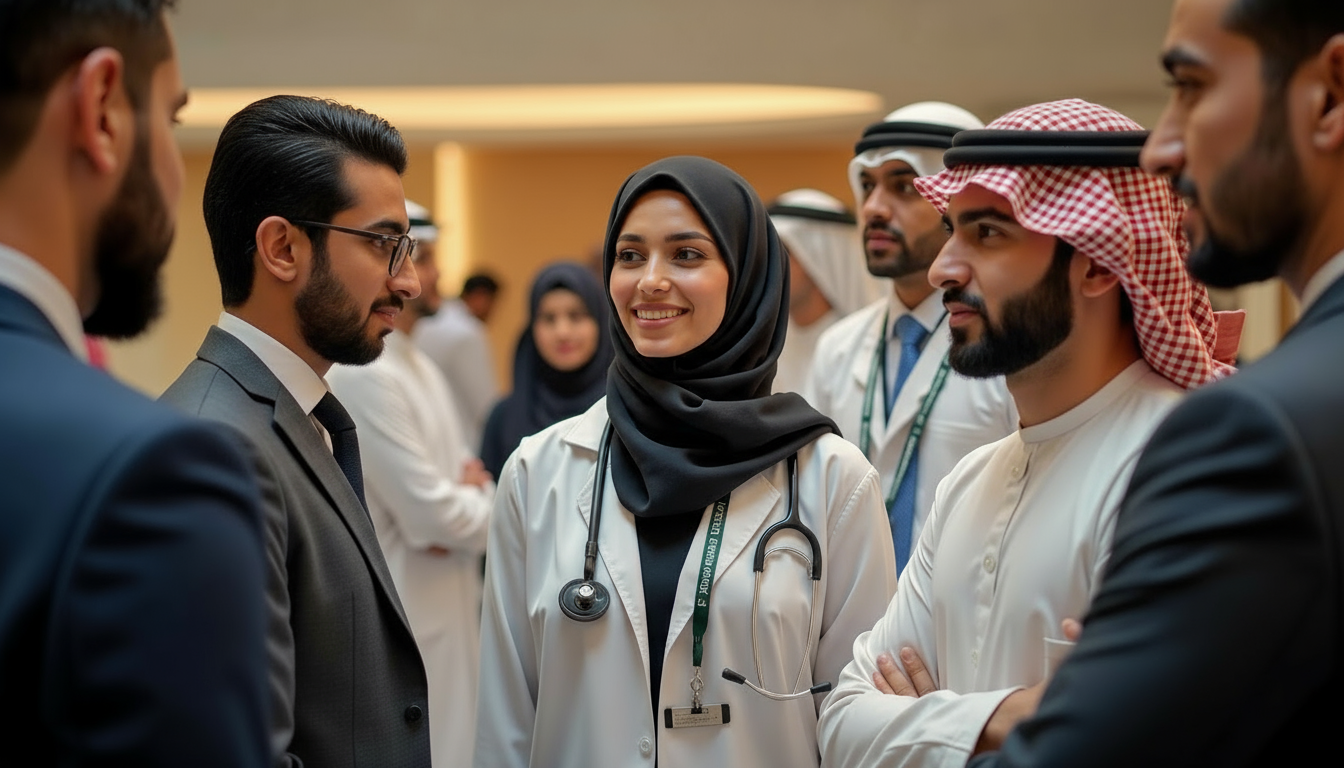 Professional healthcare conference with medical professionals networking and collaborating - representing MME Group's role in connecting the GCC healthcare ecosystem